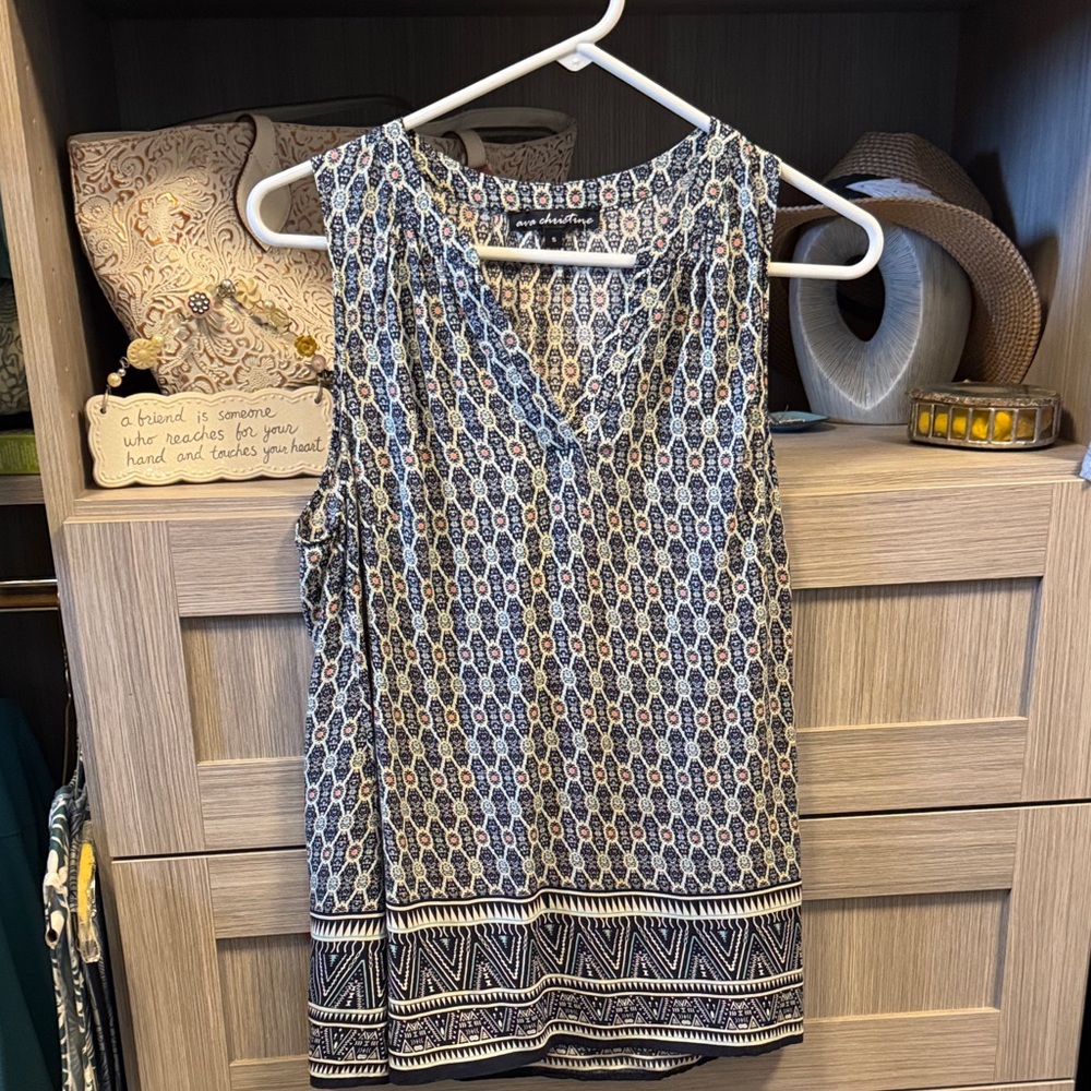 new directions Navy and Cream Printed Sleeveless V-Neck Top